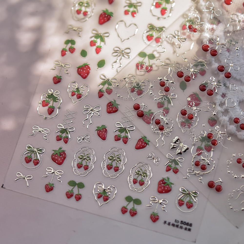 Strawberry Kiss Nail Stickers 5D Embossed – Premium Salon-Quality Nail Charm Accessories, Easy Application & Self-Adhesive Cute Berry Bowknot for DIY Manicure, Nail Art, Press on, Home or Salon Use
