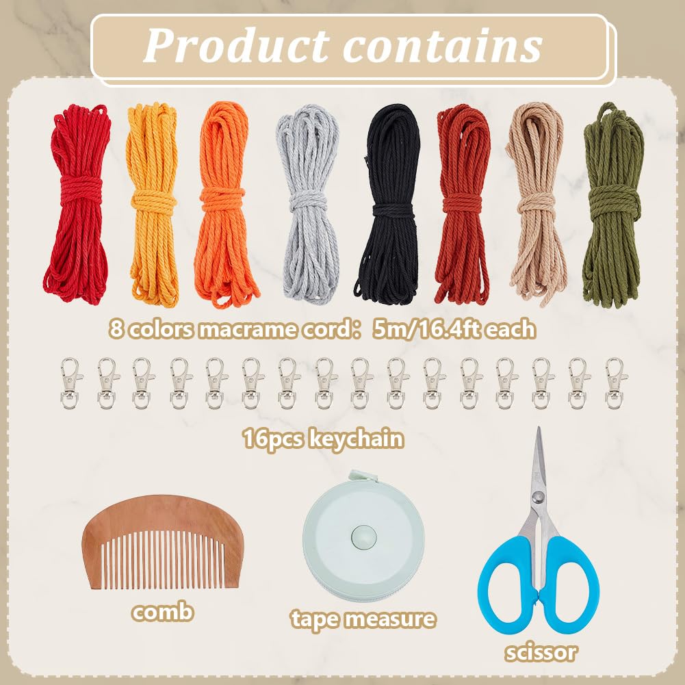 BEUNITONE 16 Sets Boho Spiral Keychain Making Kit Macrame Cord Keychains Craft Kits for Adults with Tassel, DIY Macrame Keychain Charms with Instructions Supplies for Handbags, Backpacks