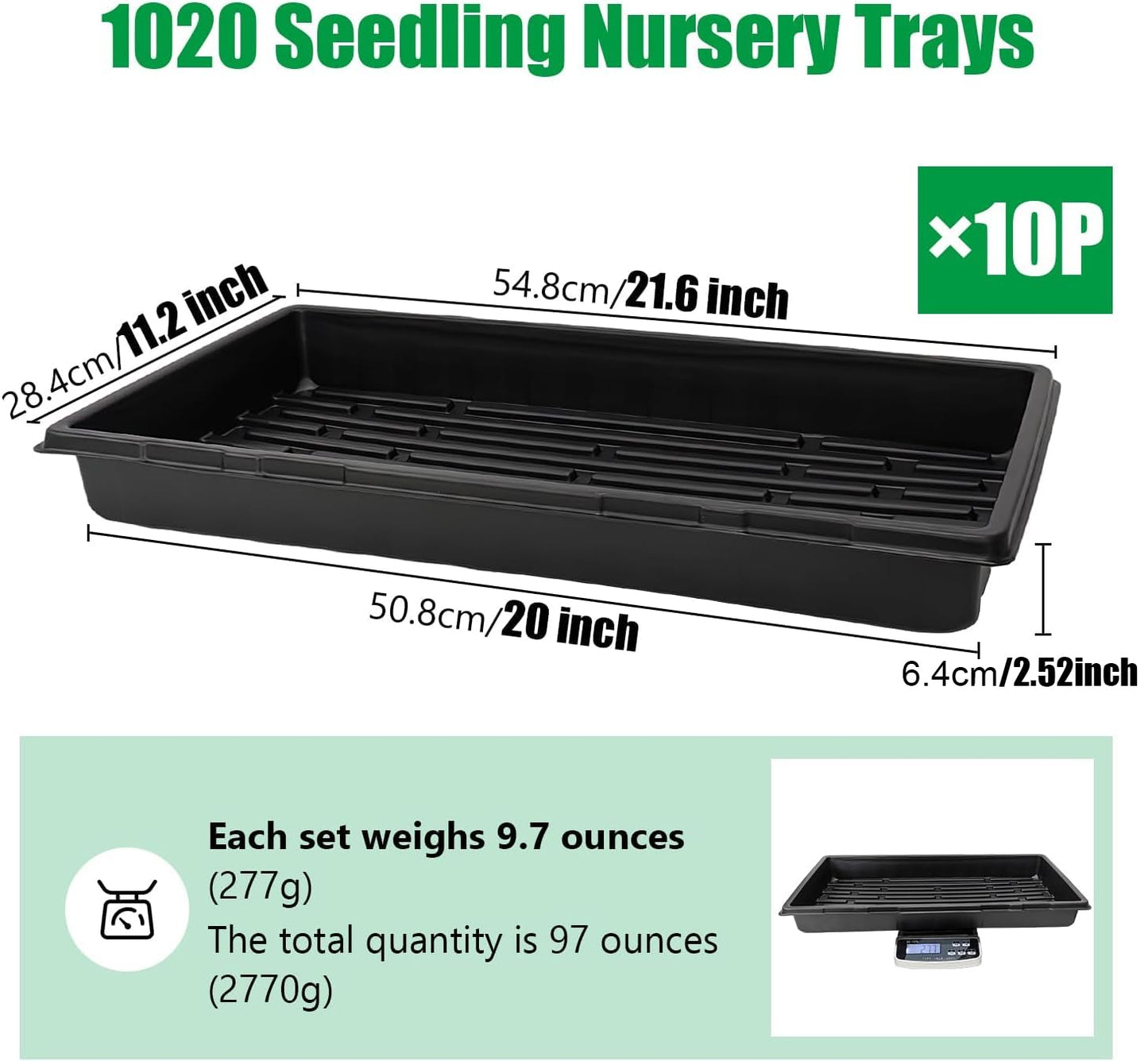 RooTrimmer 10 Pack 1020 Trays with 6.3inch High Humidity Domes, Thick and Heavy Duty Seed Starting Trays, Extra Strength Seed Starter Covers with 2 Adjustable Vents-
