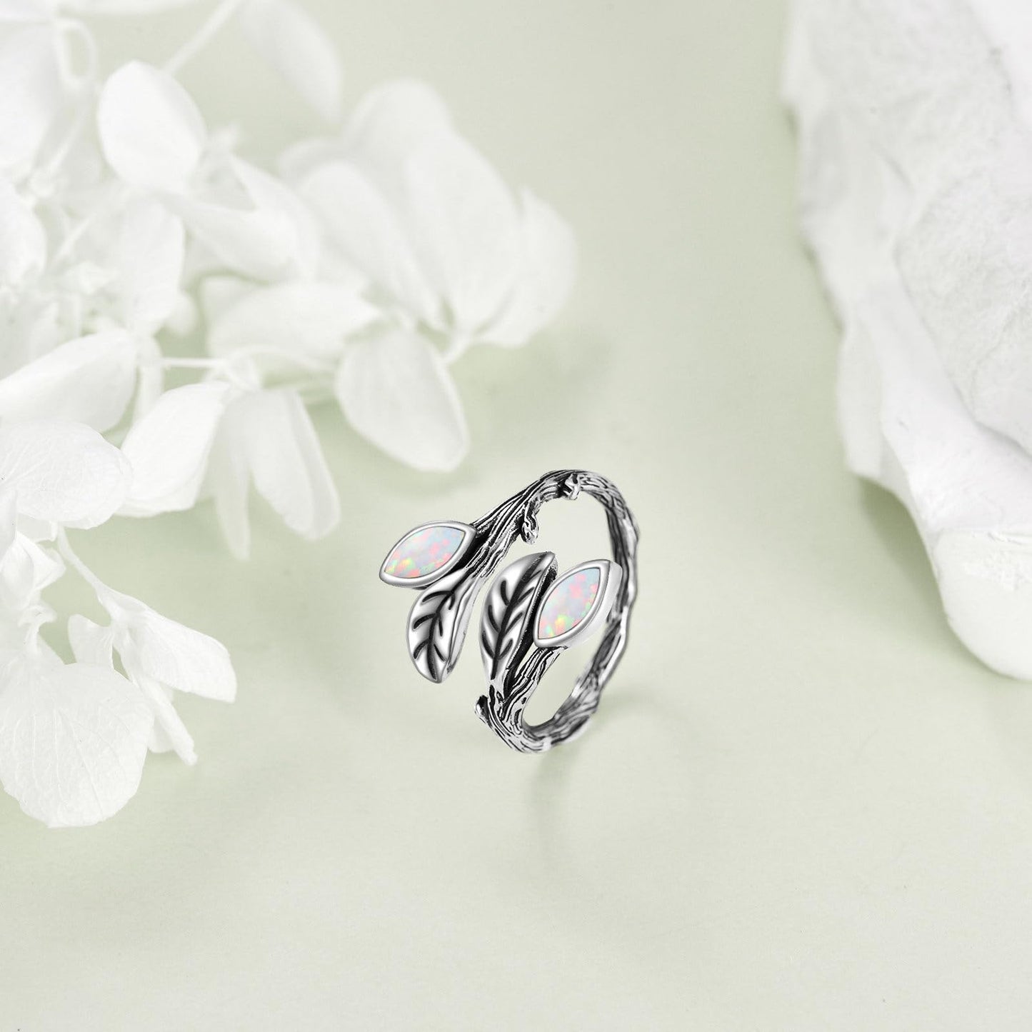 POPLYKE Leaf Opal Ring Sterling Silver Boho Adjustable Opal Spoon Ring Vintage Thumb Rings for Women