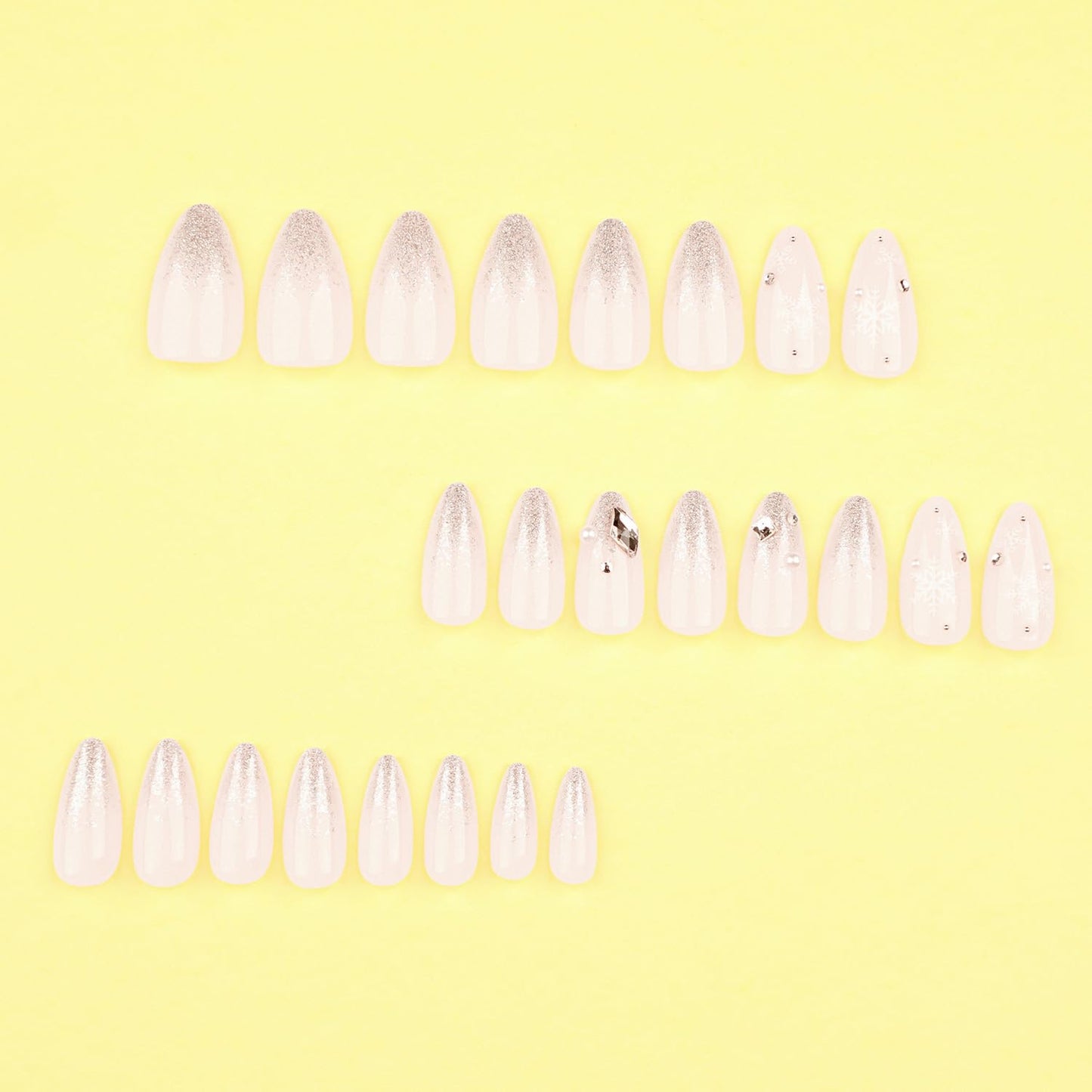 Christmas Press on Nails French Glitter Fake Nails Cute Snowflake Artificial False Nails with Rhinestone Designs Medium Acrylic Nails Kits Almond Christmas Glue on Nails for Women Nail Art 24Pcs