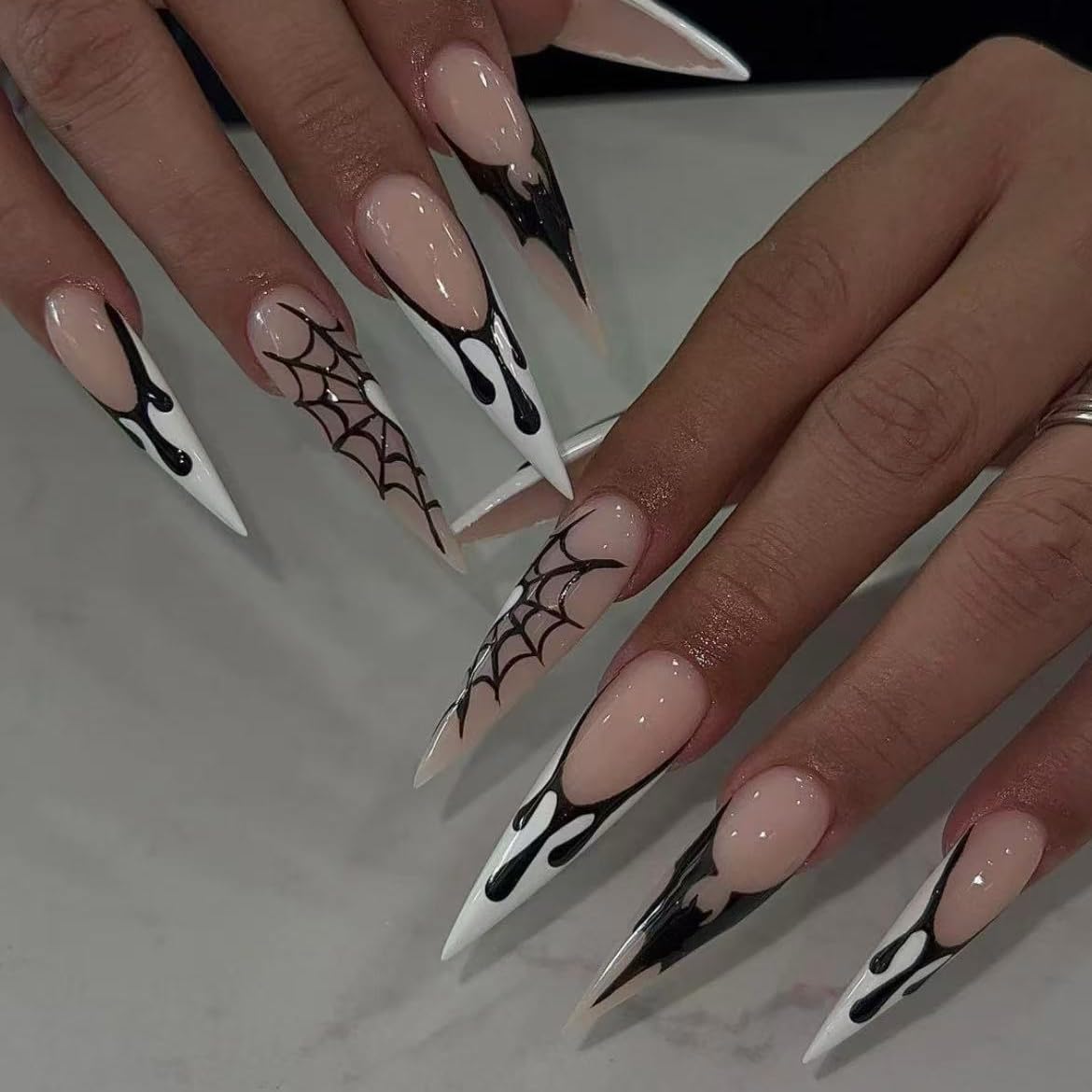10Pcs Handmade Nails Press On, Long almond Glossy Halloween Coffin Press on Nails, White & Black with spider web, Reusable Quality Fake Nails (MT-148-L)