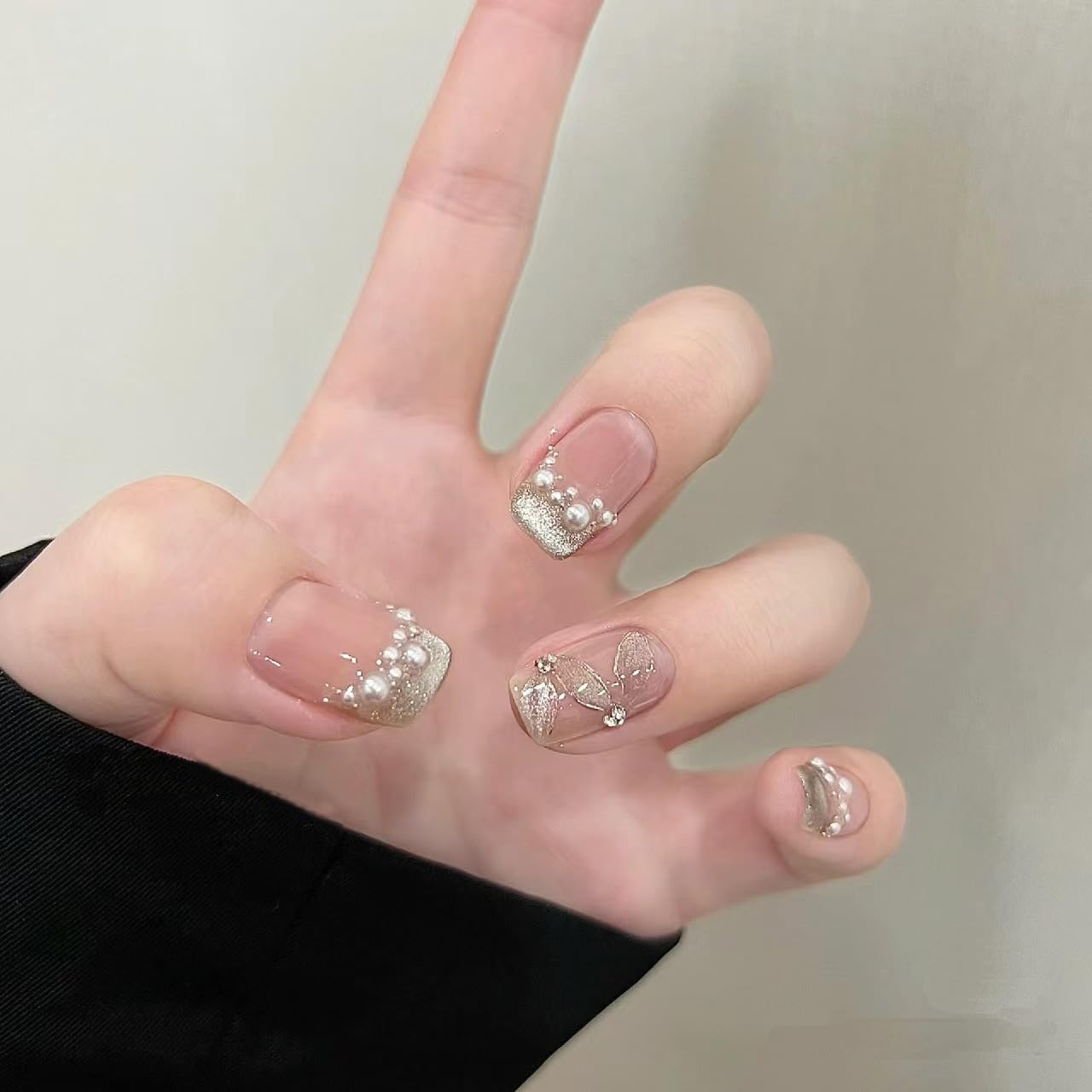 GLORS Press-on False Nails, Short Square Cat Eye Silk Ribbon with French Manicure, Glitter Finish, Pink/White Ombre, 10 Pieces (Small, SS)