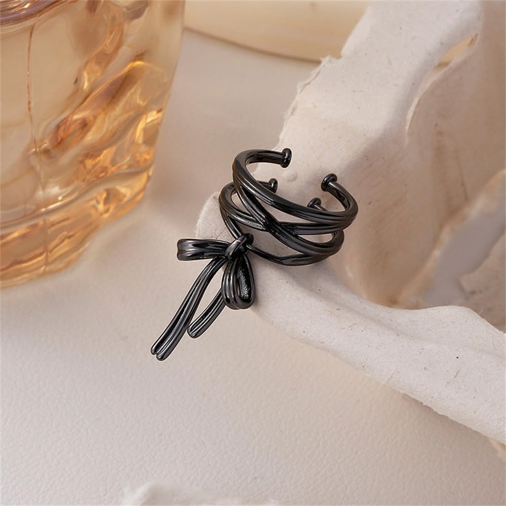 Dainty Bow Ribbon Open Ring for Women, Charm Adjustable Stackable Band Statement Jewelry Black