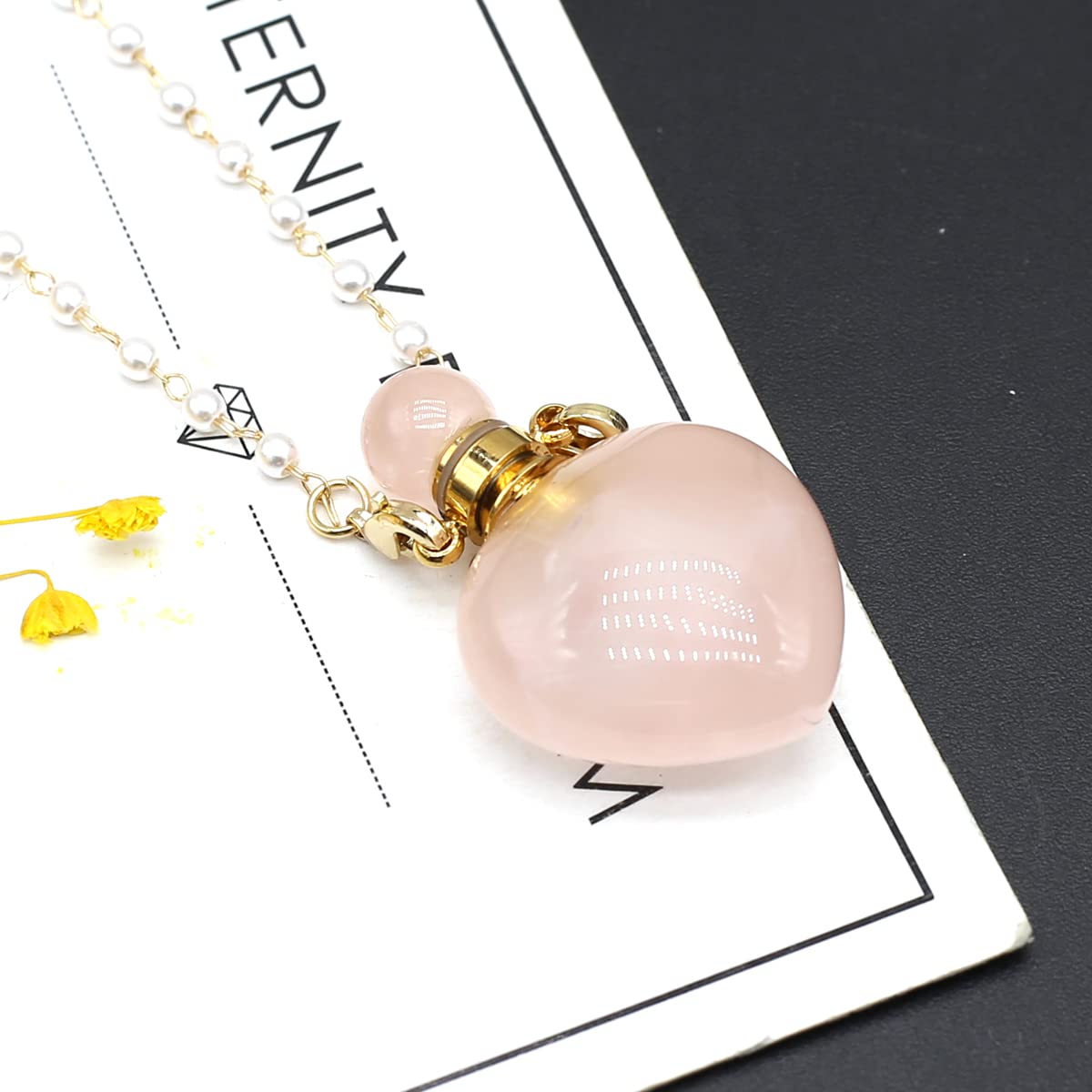 1pcs Natural Rose Quartz Stone Perfume Bottle Pendant Pearl Bead Chain Rectangle Heart Necklace for Women StonHealinge Essential Oil Diffuser Necklace Jewelry Essential Oil Diffuser
