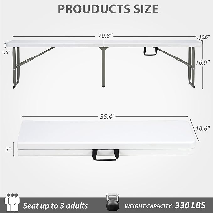 6ft Plastic Folding Bench with Carrying Handle & Lock, Portable Outdoor Bench in Garden Picnic Camping Dining Party Seat, Waterproof Bench for Soccer Activities, Firm and Durable (2Pack A)