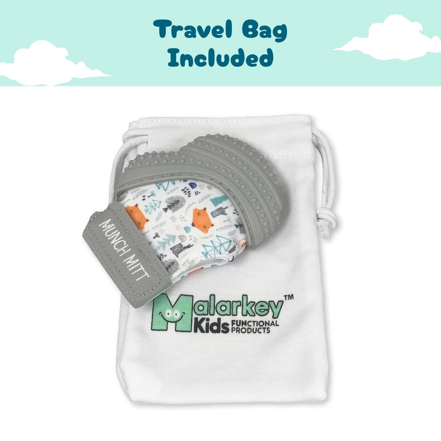 Malarkey Kids Patented Teething Mitten, Munch Mitt Baby Chew Toy - Protects Hands from Chewing & Saliva, Heals Aching Gums, Promotes Sound & Visual Stimulation for Babies - Grey Fox
