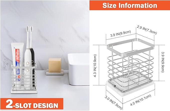HarJue Toothbrush Holder, Luxurious Metal Toothbrush Toothpaste Holder with Marble Base for Bathroom, Multi-Slots Openwork Design, Bathroom Accessory for Storage and Organizer (Small, Chrome)