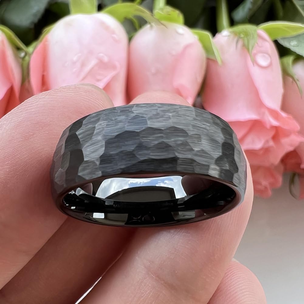 TUTISS 8mm Black Hammered Tungsten Carbide Rings for Men Women Engagement Wedding Bands Domed I Love You Engraved Comfort Fit Size 9