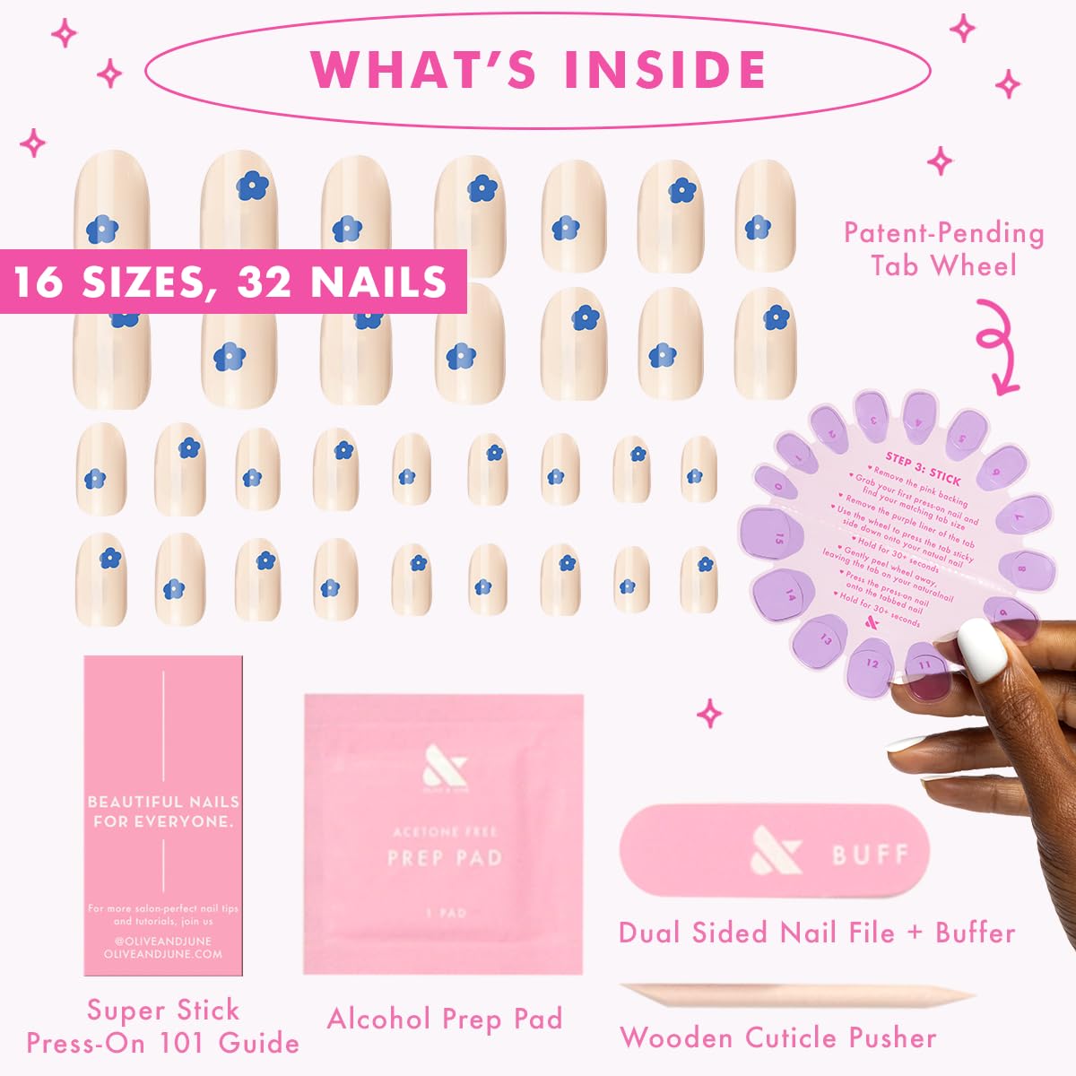 Olive & June Classic Super Stick Mani Press On Nails | No Glue Needed | 32 Tab Nails 16 Sizes | Non-Toxic Tabs Non-Damaging 7-Day Wear | Spring Flowers & Patterns | Short, Round | Mod Flowers