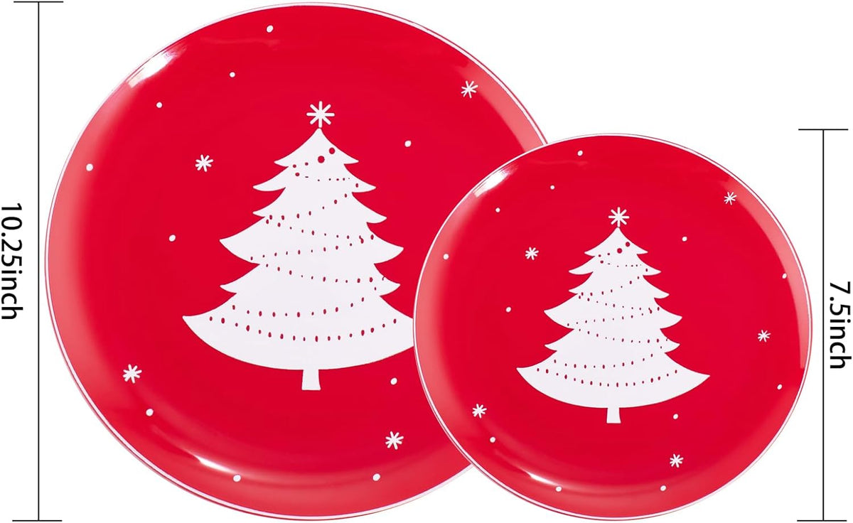 WDF 50 Pieces Plastic Christmas Plates - Red and White Plastic Plates with Christmas Tree include 25 Dinner Plates, 25 Salad Plates - Red White Party Plastic Plates for Christmas, Winter