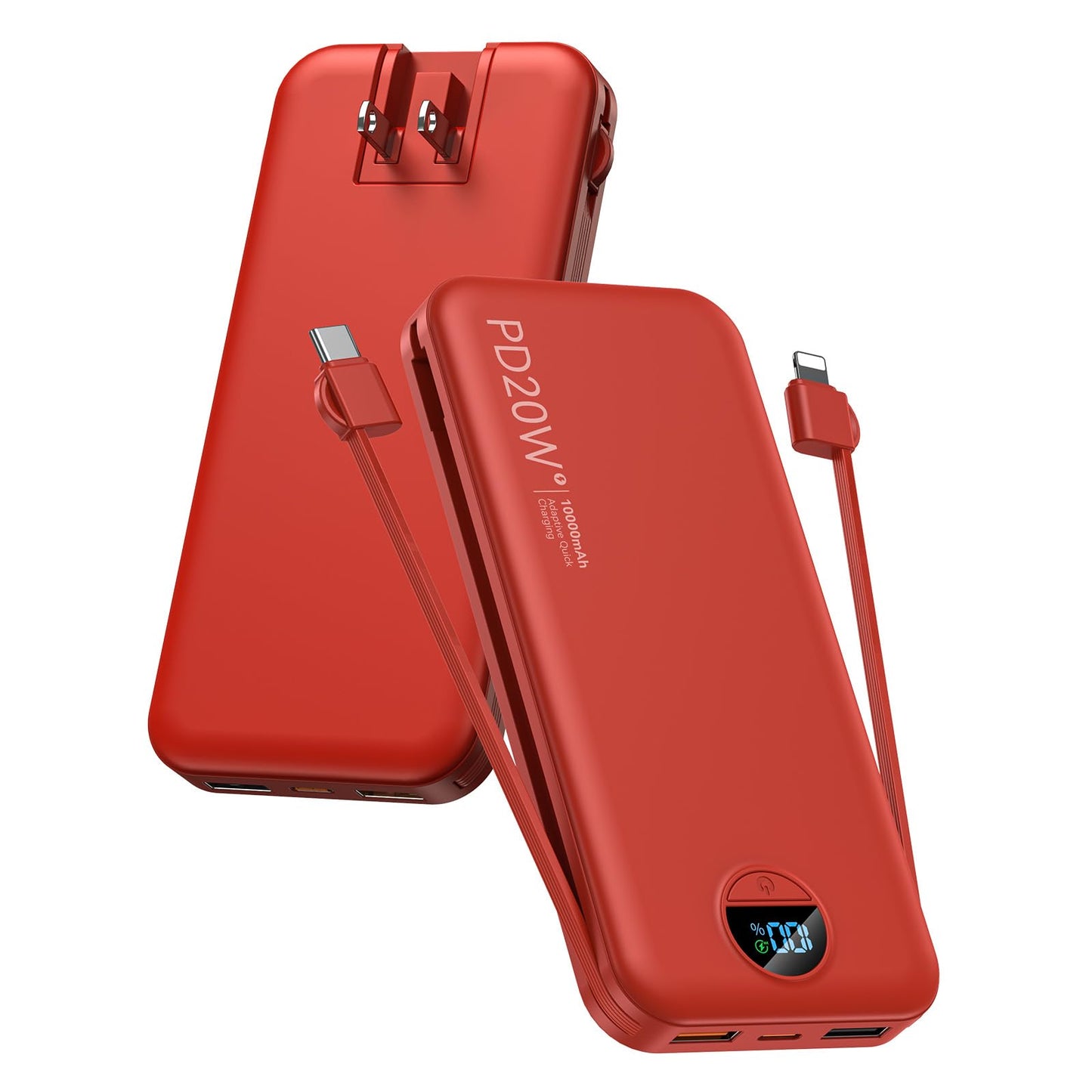 citicr Portable Charger Power Bank, 10000mAh PD20W USB C Fast Charging with Built-in Cables & Wall Plug, 5-in-1 Battery Pack with LED Display, Ultimate Travel Essential for iPhone, iPad, Samsung Red