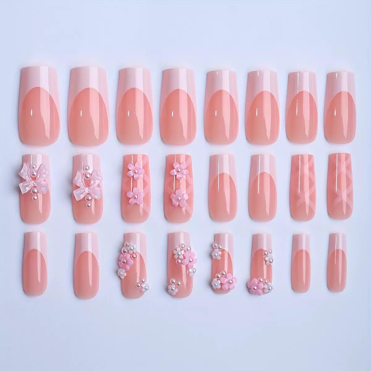 French Tip Press on Nails Square Medium Length Fake Nails 3D Flowers Acrylic Nails Spring Floral False Nails Glossy Ballet Artificial Nails Glue on Nails for Women Manicure Nails Decoration 24Pcs