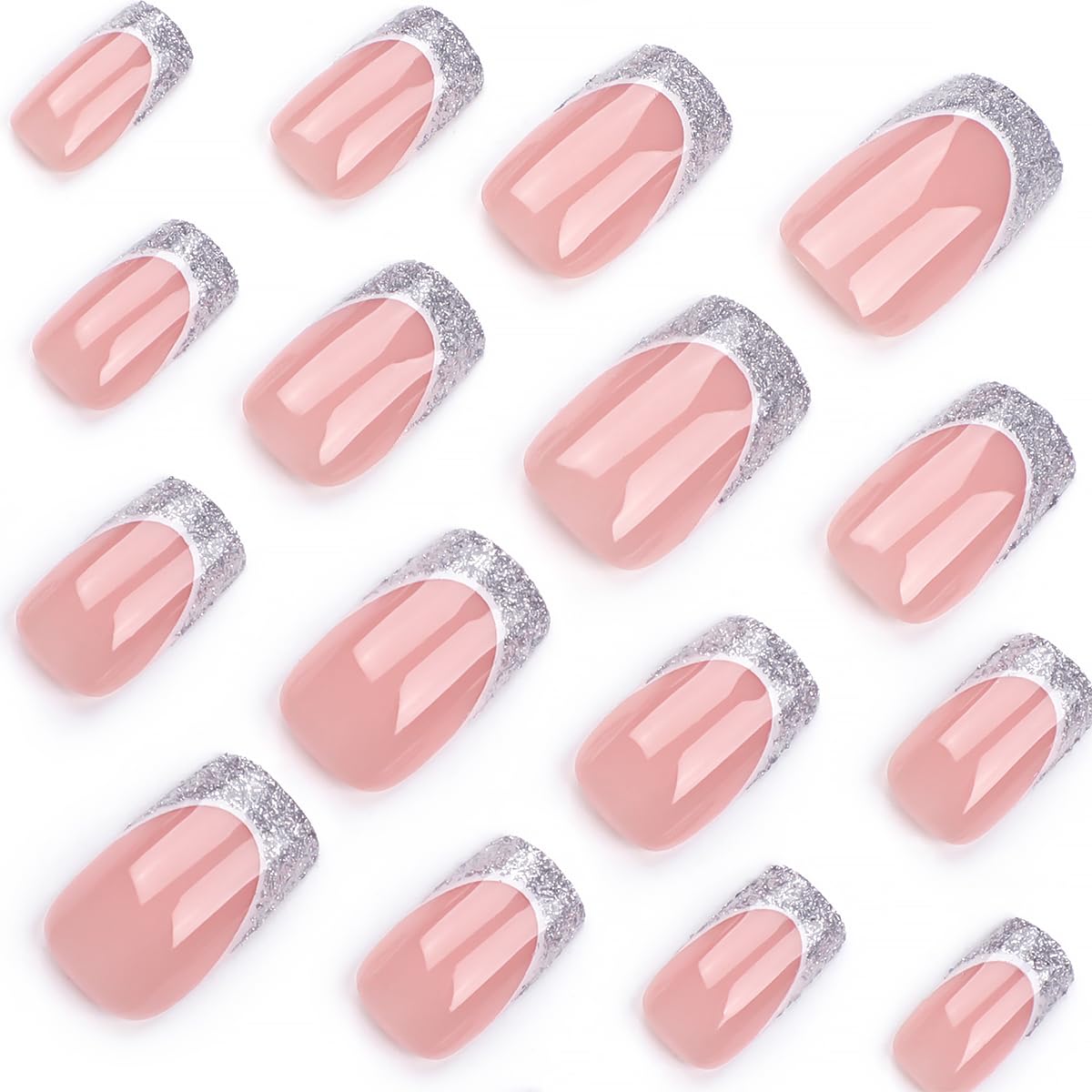 Silver French Tip Press on Nails Medium Square Fake Nails Nude Pink False Nails Stick on Nails Glitter French Glue on Nails Design Full Cover Artificial Artificial Nails for Women Manicure Salon 24Pcs
