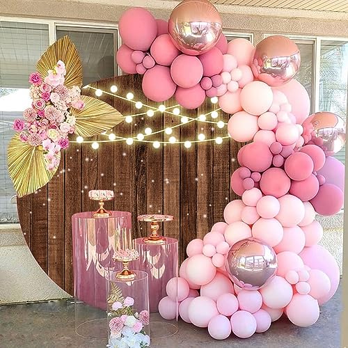 5x5ft Glitter Rustic Wood Round Backdrop Brown Wooden Texture String Lights Circle Photography Background for Baby Shower Birthday Wedding Bridal Shower Party Banner Photo Booth Props - size: 5x5ft-Diameter