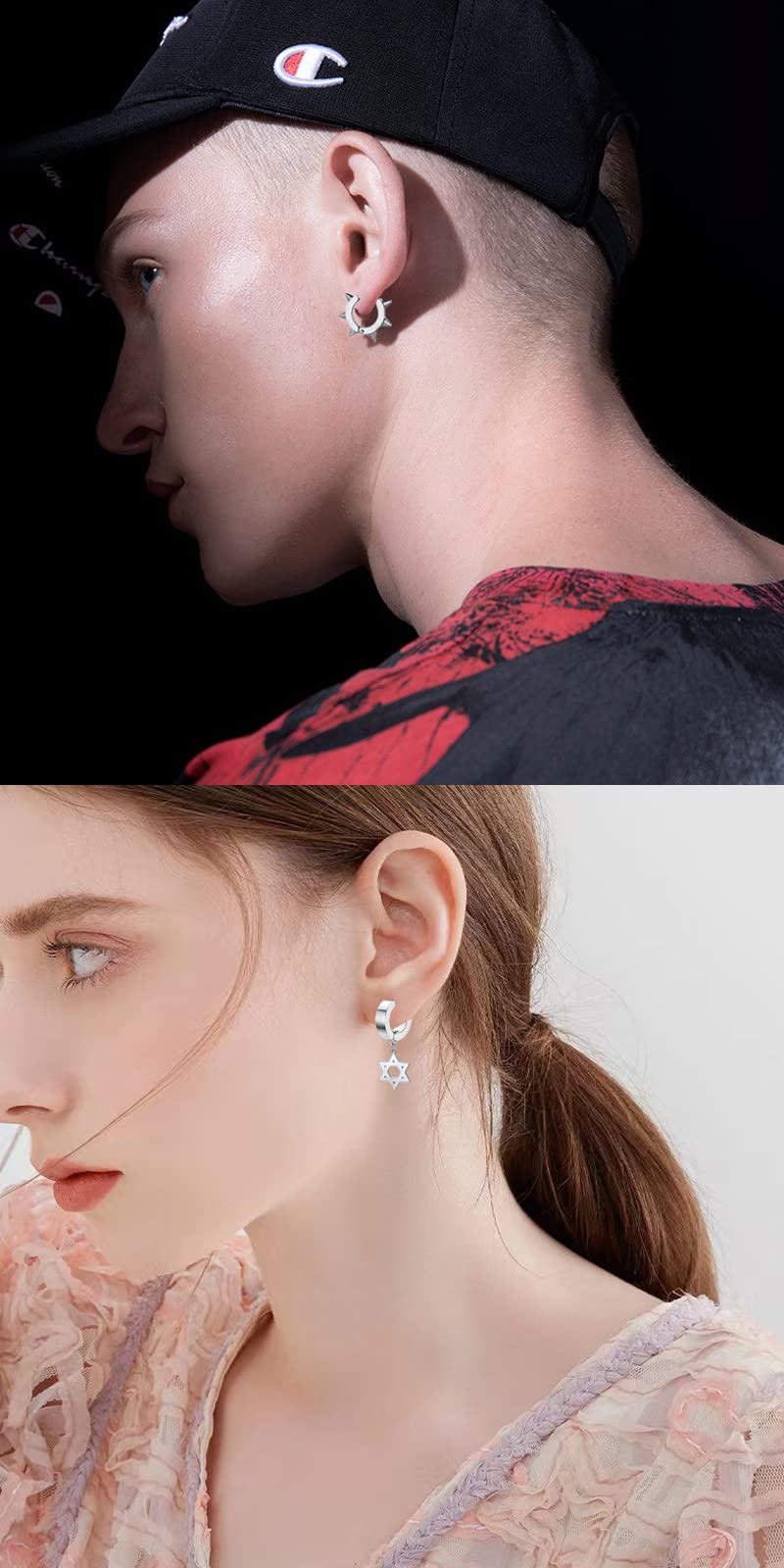 5 Pairs Silver Stainless Steel Non-Piercing Spike Rivet Star of David Dangle Tassel Clip on Hoop Earrings Set for Women Men, Non Pierced Fake Ear Clip Stud Earrings