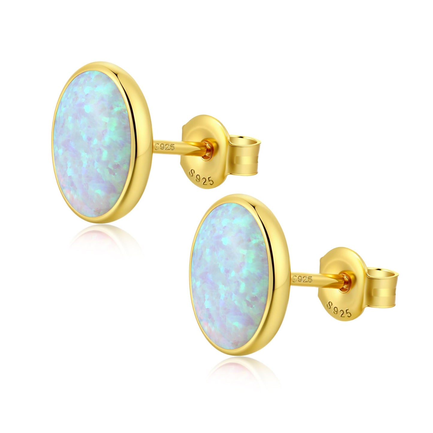 JiayangJY White Fire Opal Stud Earrings for Women 18K Yellow Gold Plated Sterling Silver Oval Shape 6mm Opal Earrings with Push Back