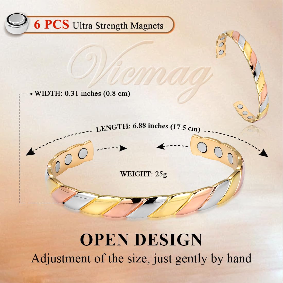 Vicmag Copper Bracelet for Women Men Magnetic Bracelet with Ultra Strength Magnets 100% Solid Pure Copper Gift (Tricolor)
