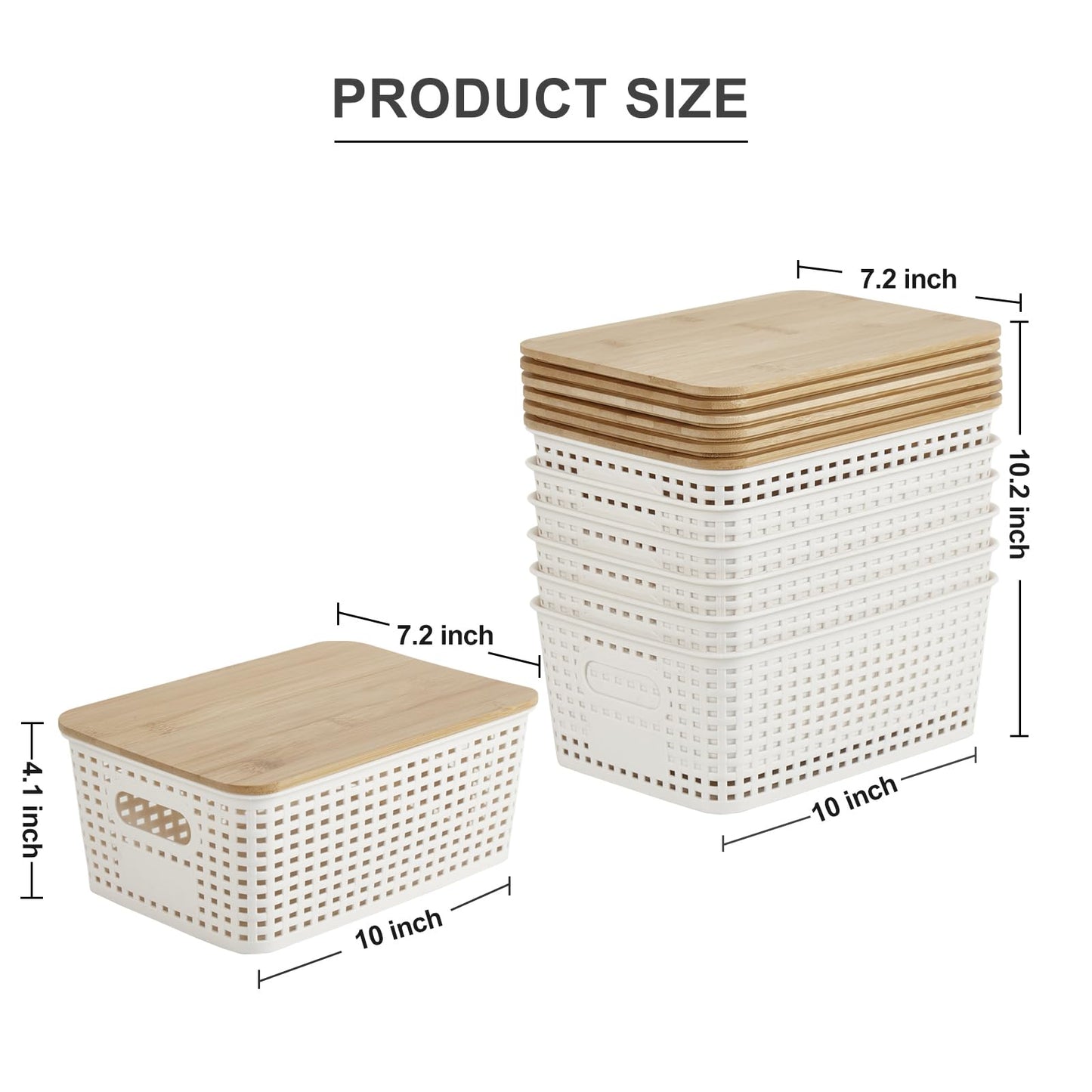 Bagnizer Small Plastic Storage Bins with Bamboo Lids 5.2qt Stackable Box Basket Pantry Decorative Containers Cute with Labels for Organizing Desktop Closet Office Cream White of 6 packs 10*7.2*4.1"