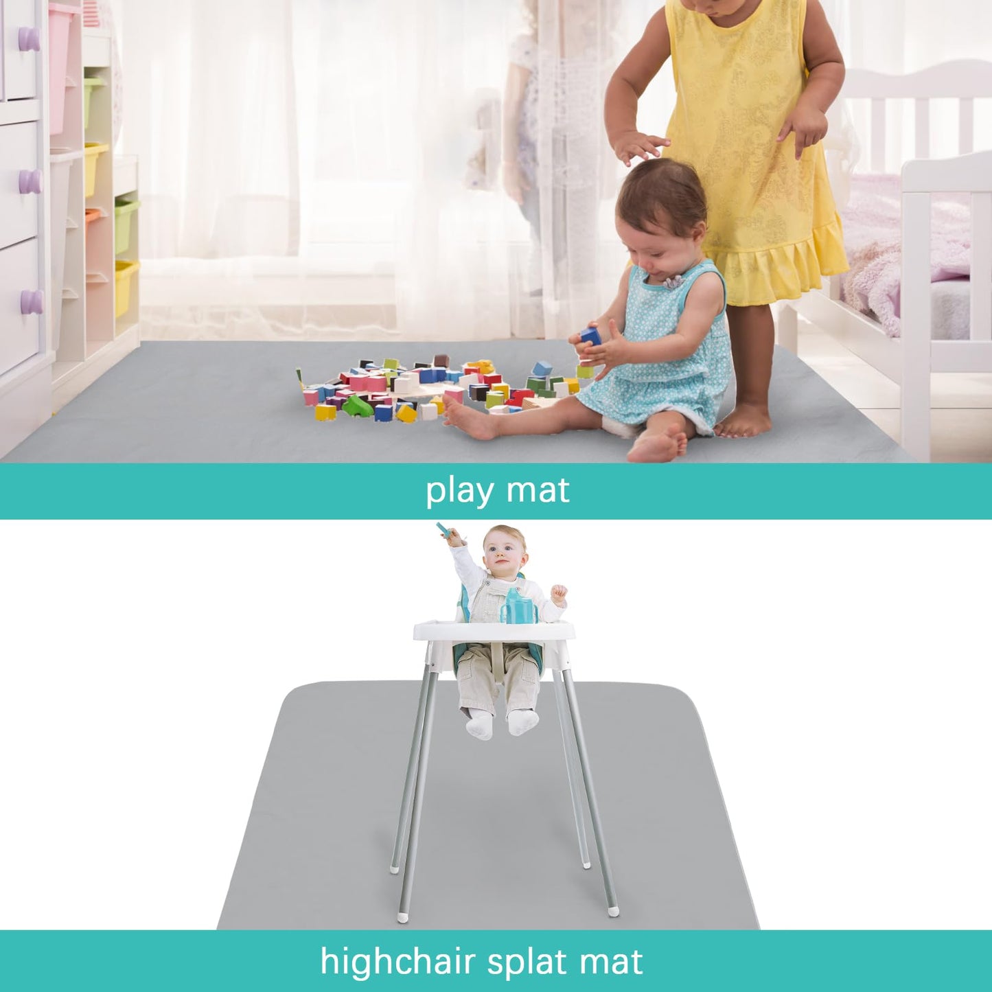 Splat Mat 2 Pack for Under High Chair & Arts & Crafts & Eating Mess, Waterproof 42''×46'' Baby Playtime Anti-Slip High Chair Mat for Floor or Table, Reusable & Portable Splash Mat