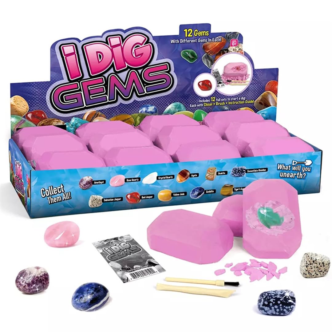 Liberty Imports 12-Pack Gem Digging Kit for Kids - Exciting Gemstone Mining Adventure - Educational STEM Crystal and Mineral Excavation – Party Favor Science Toys