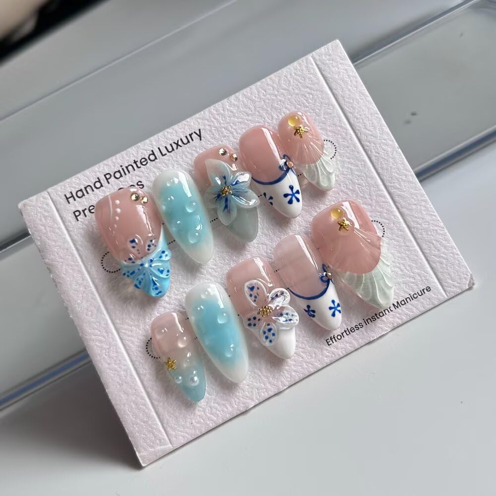 Handmade Acrylic Press On Nails Almond, 3D Press On Nails Medium Fasle Nails, Blue Floral Nails French Tip For Women, Reusable Stick On Fake Nails Kit With Nail File (Size S）