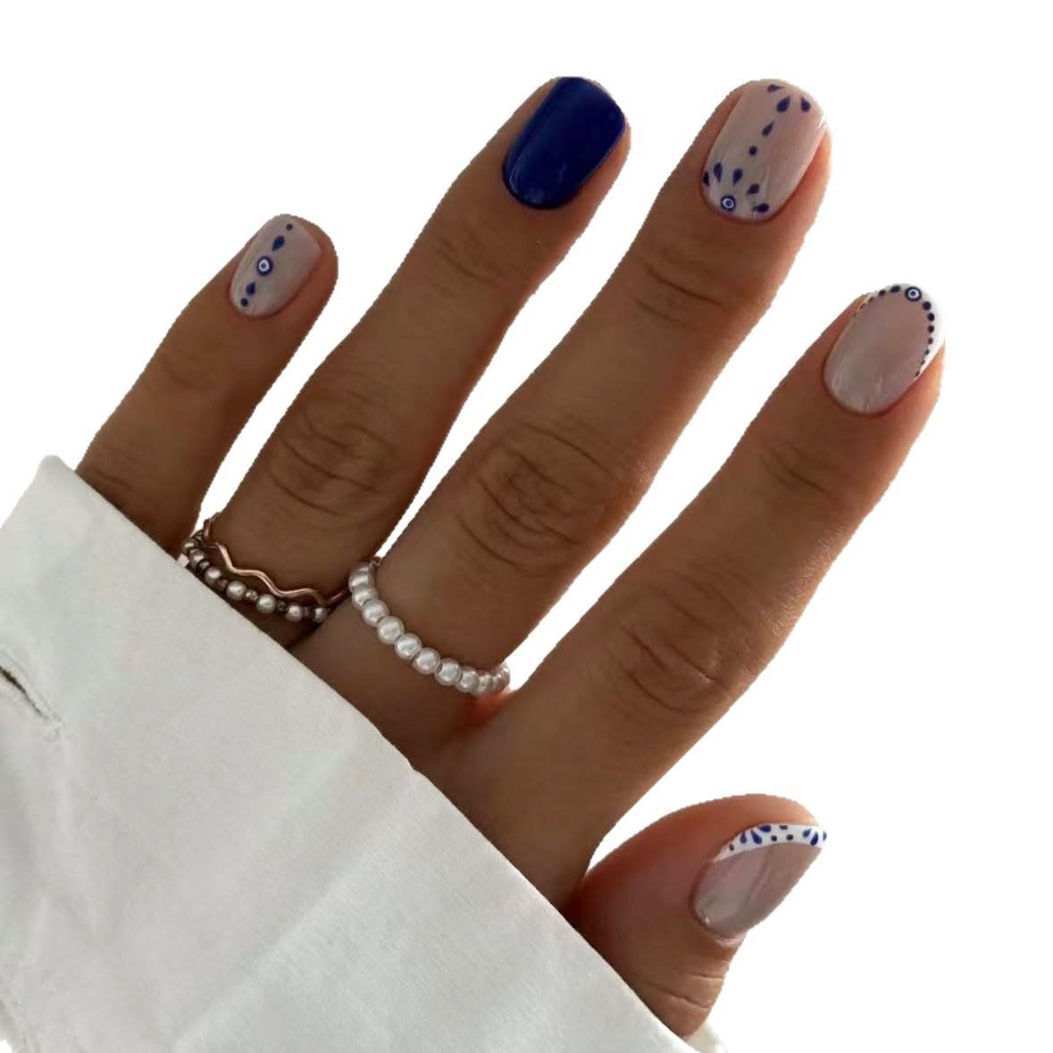 Short Press on Nails Square - Blue Fake Nails with Sun Pattern Design French Tip Full Cover Stick on False Nails for Women Fall Manicure 24 Pcs