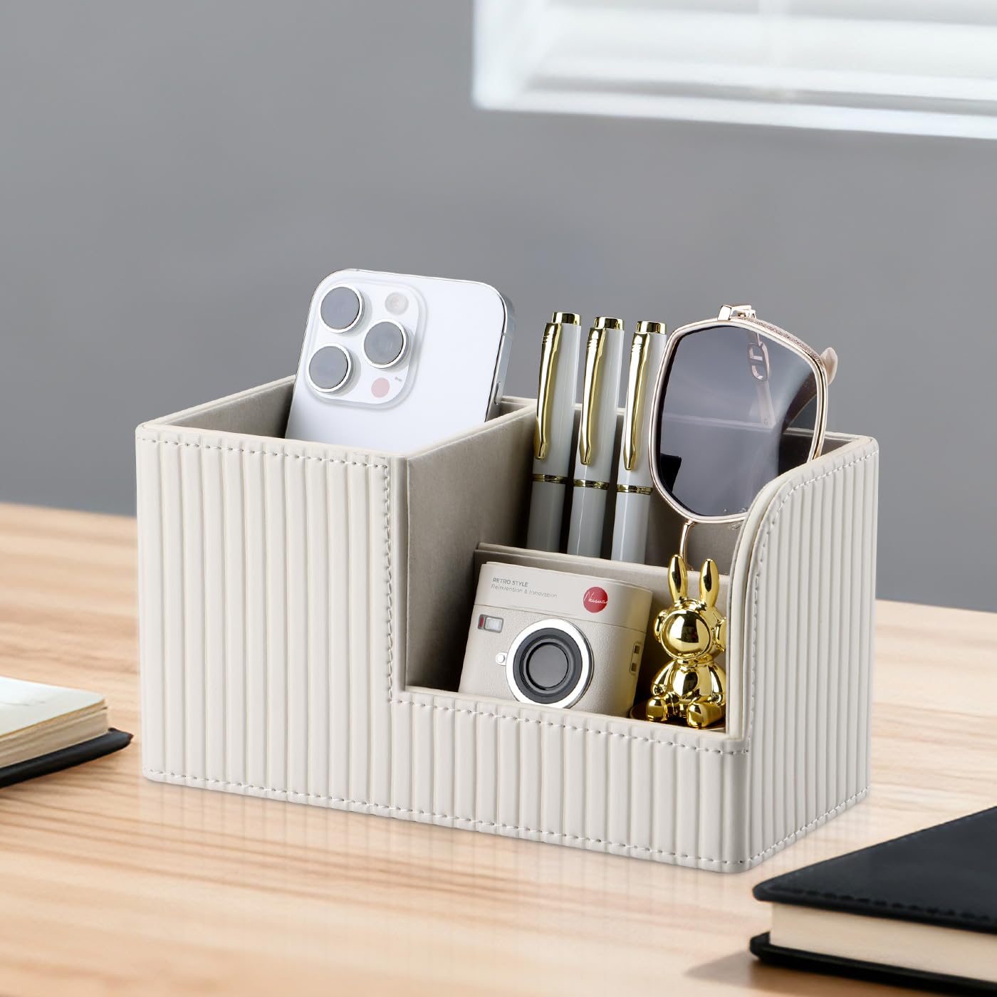 KINGFOM Desk Pen Organizer Office Supplies Caddy Pu Leather Multi-function Storage Box Pen/Pencil,Cell phone, Business Name Cards Remote Control Holder (Ivory White)