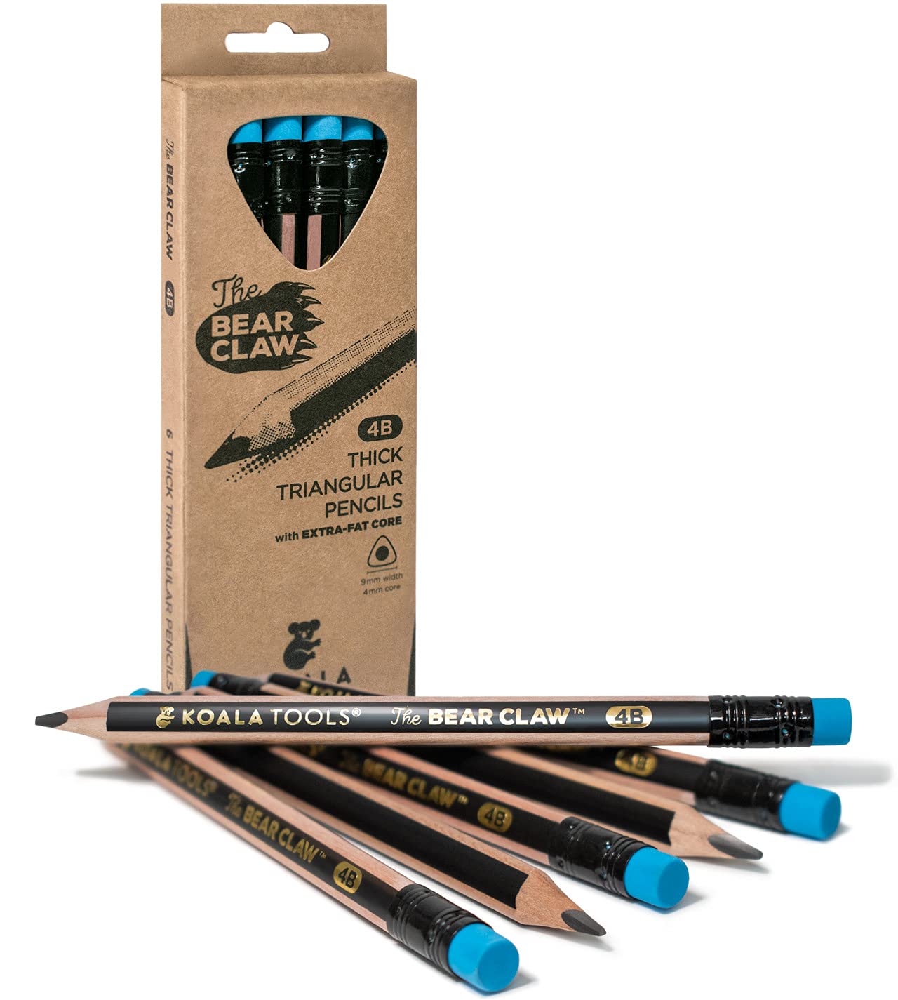 KOALA TOOLS | Bear Claw Pencils 1-Pack (6 Pencils) - Fat, Thick, Triangular Grip, Extra-Fat 4B Graphite Core with Eraser - Suitable for Kids, Art, Drawing, Drafting, Sketching & Shading