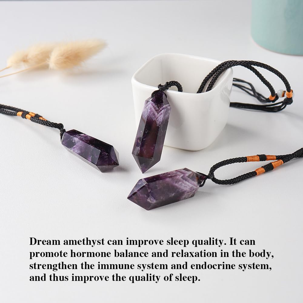 Runyangshi Dream Amethyst Healing Crystal Pendants, Double Pointed Natural Crystal Quartz Necklace 6 Faceted Chakra Crystal Wand Stone