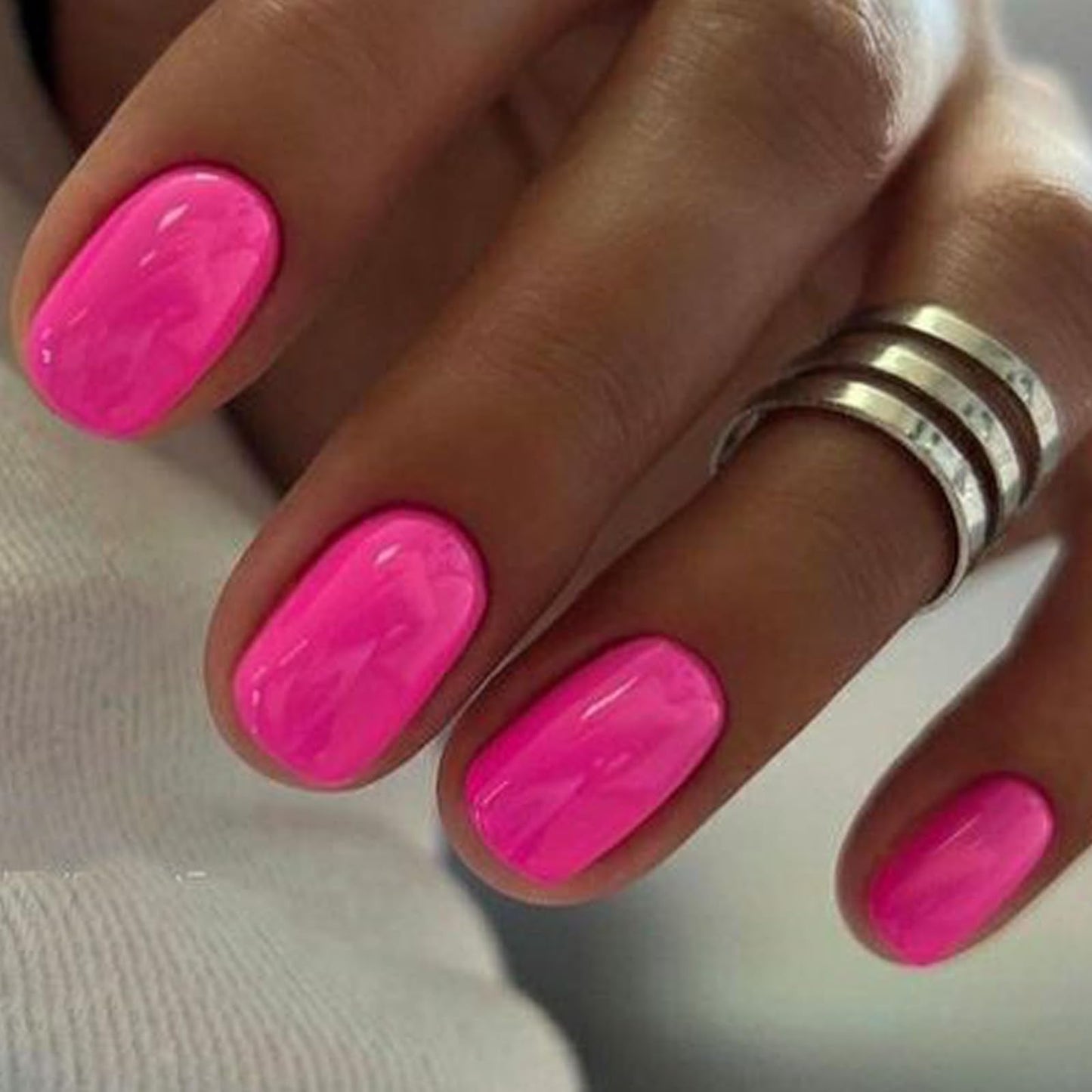GLAMERMAID Press on Nails Extra Short Squoval, Handmade 2 Packds Pearl & Fluorescent Pink Jelly Gel Glue on Nails