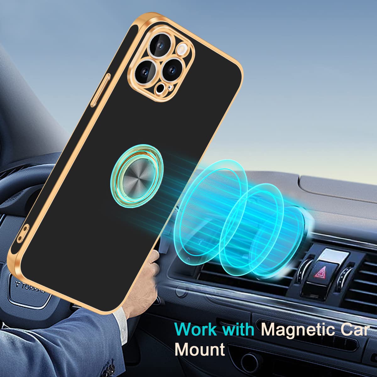 Fingic iPhone 13 Pro Max Case with Ring Stand, 360 Rotatable Magnetic Kickstand, Slim Fit Soft TPU, Black/Gold