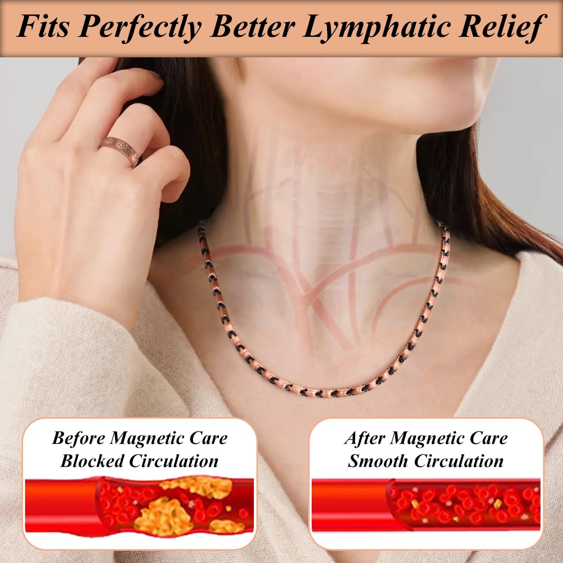 Vicmag Copper Magnetic Necklace for Women - Ultra Strength Magnets-99.9% Solid Pure Copper 2PCS Ring Necklace Set for Neck Adjustable Light Weight