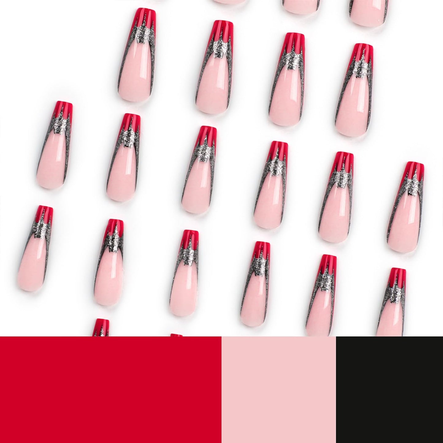 Vezocim Red Press on Nails Coffin Long French Tips Glossy Full Cover Acrylic Square Fake Nails with Bat Designs Extra Long Artificial False Nails Glue Stick on Fingernails with Charm for Women