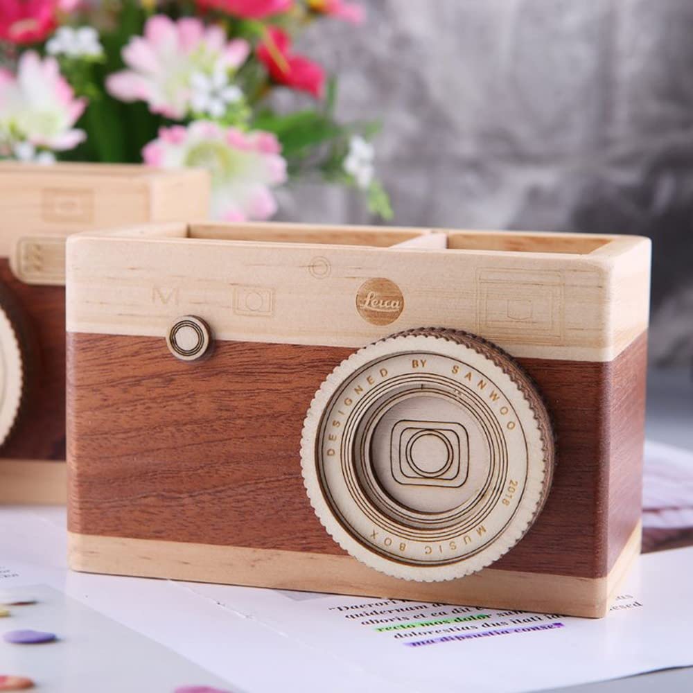 Leadigol Camera Wooden Pencil Holder,Desktop Pencil Holder Gift Makeup Organizer Double-layer Crafts Creative Camera Multi Purpose Use Desk Accessories