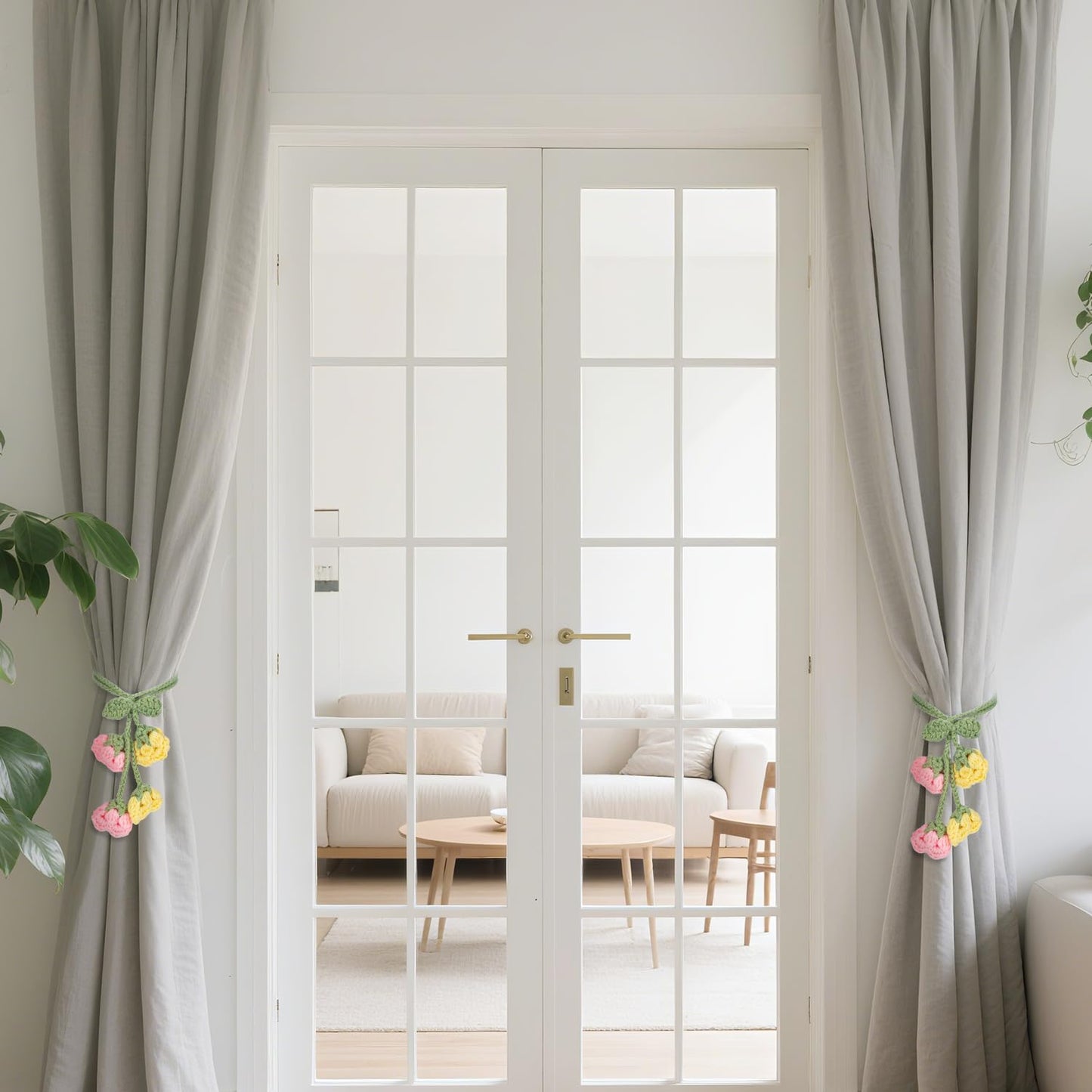 Flower Curtain Tiebacks, 4pcs Lily-of-The-Valley Curtains Holdbacks, Cute Curtain Holdbacks - No Drill Rope Holder, Drape Knitting Handmade for Nursery&Children's Room Decor (Pinkish/Yellow)