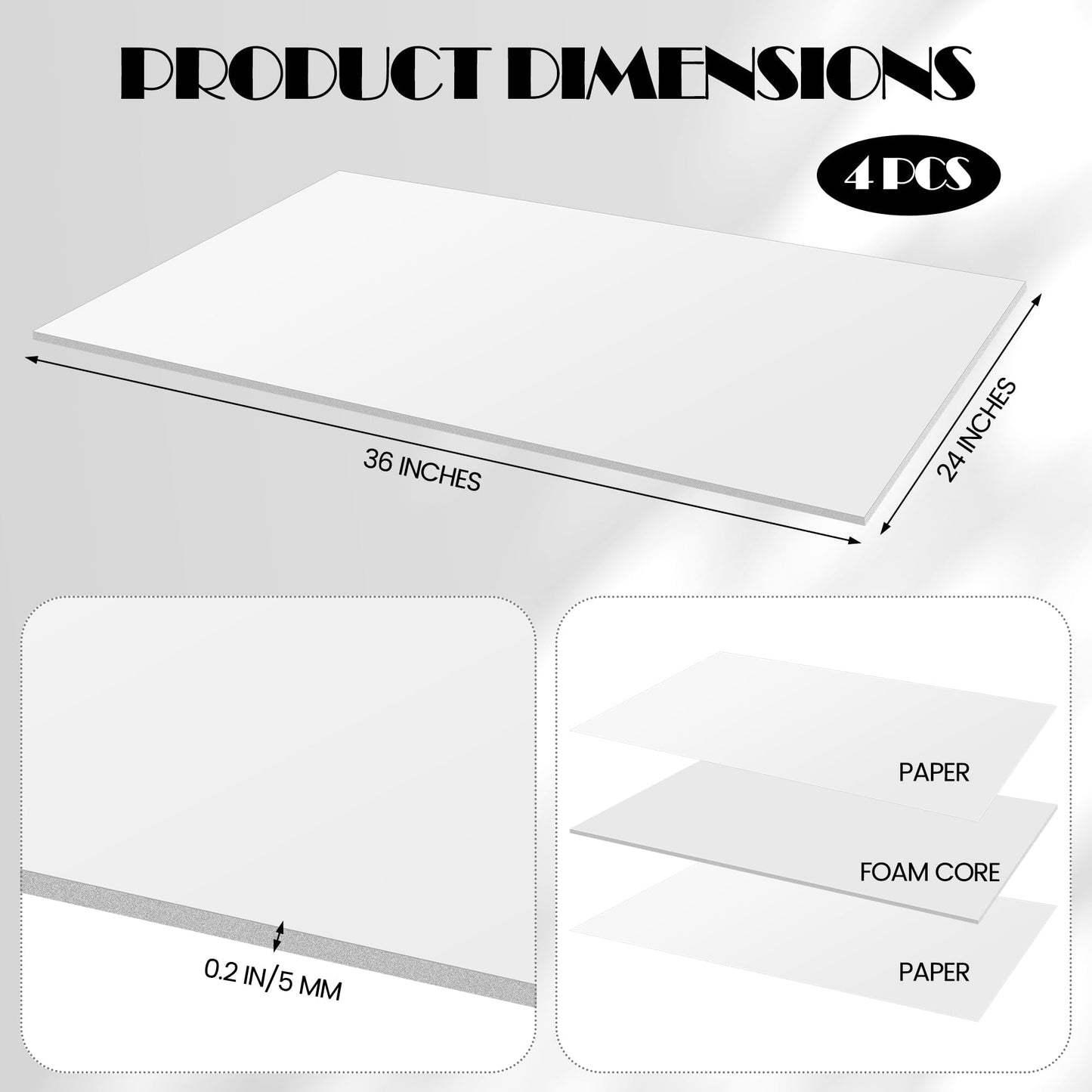 Elcoho 4 Pack White Foam Board, 24 x 36 Inch Acid-Free Foam Core Board, 5mm Thick Double Sided White Poster Boards for Presentation Art Display Office School Projects Crafting Sign Making
