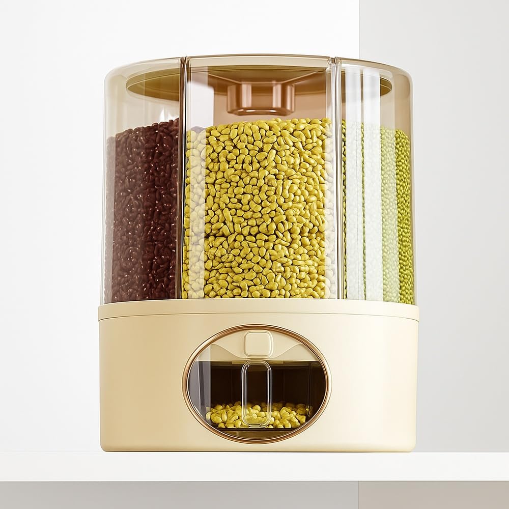 GSC Industries Premium 6-Grid Rotating Food Dispenser with Sealed Lid – 360° Rotation Grain Storage Container for Rice, Beans, Cereal, Peanuts, Barley, and More – Kitchen Pantry Organizer