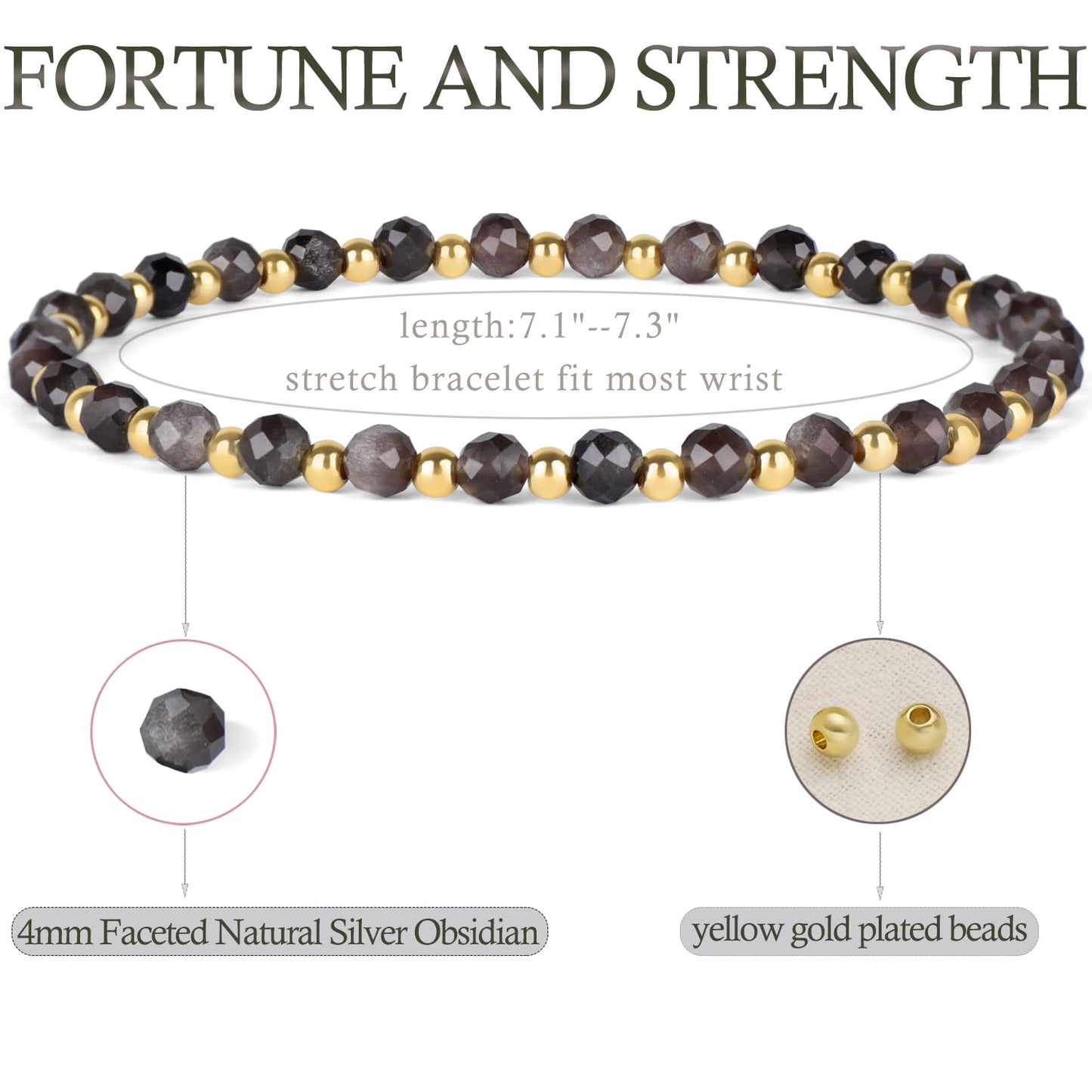 QOGIR Silver Obsidian - Fortune and Strength - 14K Gold Plated Beads Natural Gemstone Stretch Elastic Dainty Healing Beaded Bracelets Gifts 4mm