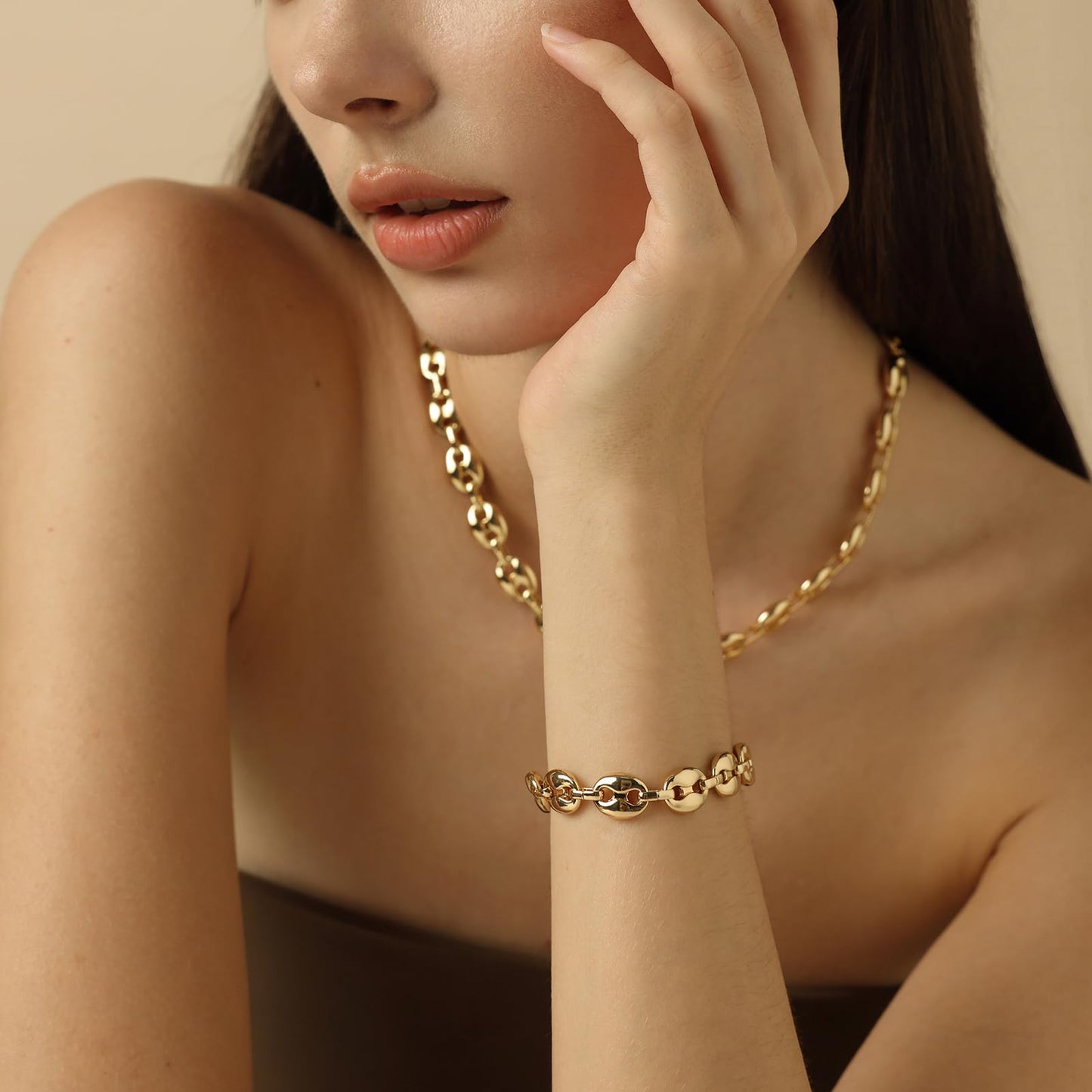 COBI Chunky Bracelets for Women, Paperclip Bracelets, Coffee Bean Chunky Link Bracelet, 18K Gold & Sterling Silver Plated, Stackable Thick Large Punk Jewelry-Coffee Bean Gold