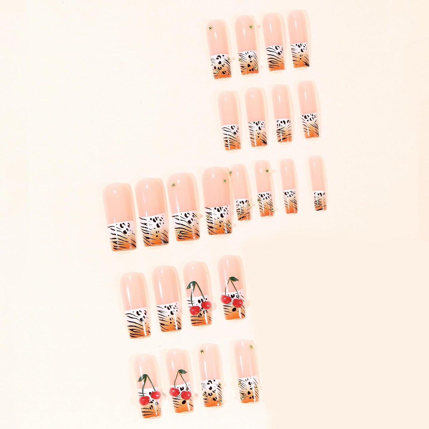 MISUD Press on Nails - Long Square Fake Nails with Orange Ombre, Acrylic Animal Cherry Design 24 pcs