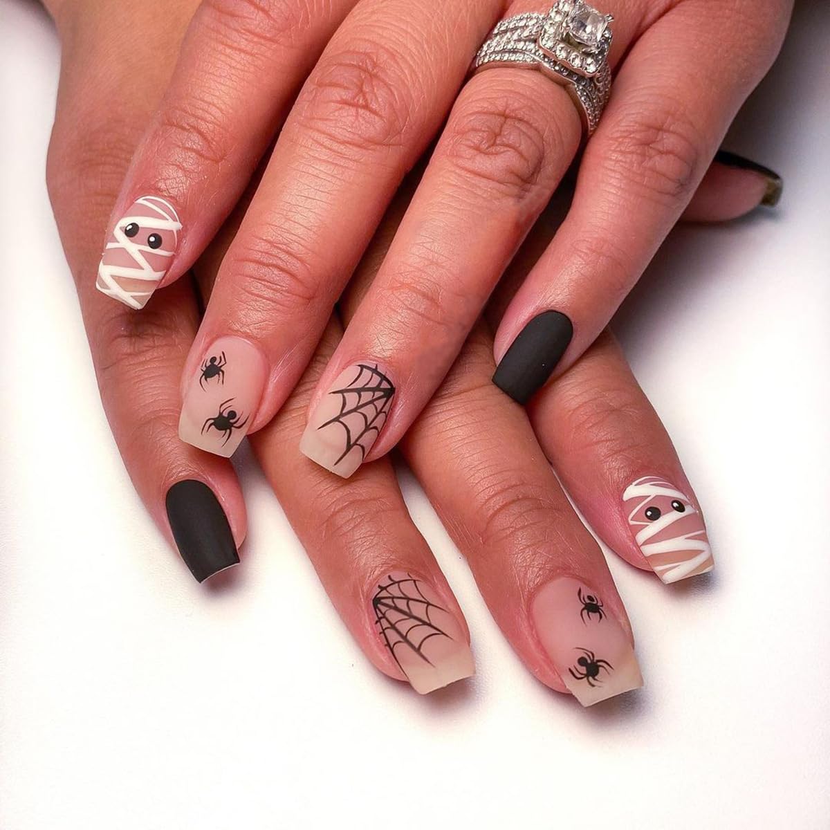 144 Pcs Halloween Press on Nails Short Medium Square Fake Nails 12 Size Ghost Pumpkin Matte Stick on Nail 6 Style Cute Halloween False Nails with Skull Acrylis Nails for Women(not include tooltik)