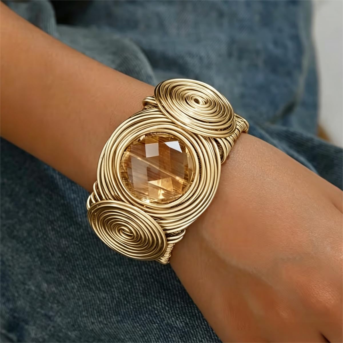 MOEEIJEW Chunky Gold Cuff Bangles Bracelets for Women Wide Silver Open African Bangle Large Rhinestone Bracelets Trendy Punk Jewelry(Gold Crystal)