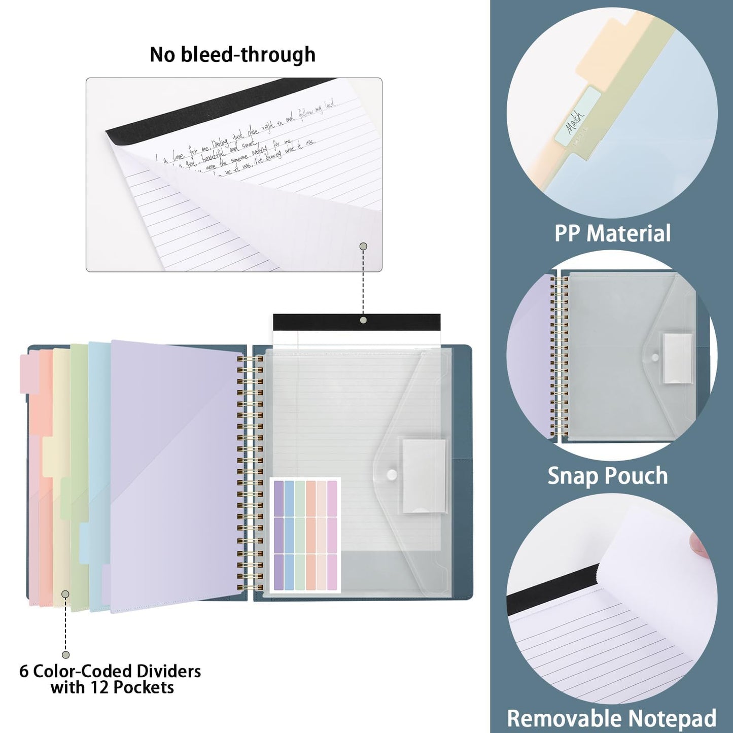 SKYDUE Clipboard Folder with Storage, 6 Dividers with 12 Pockets for Letter Size, Storage Clipboard Folio with Refillable Notepad, Spiral Clipboards Padfolio for Teacher Worker Nurse