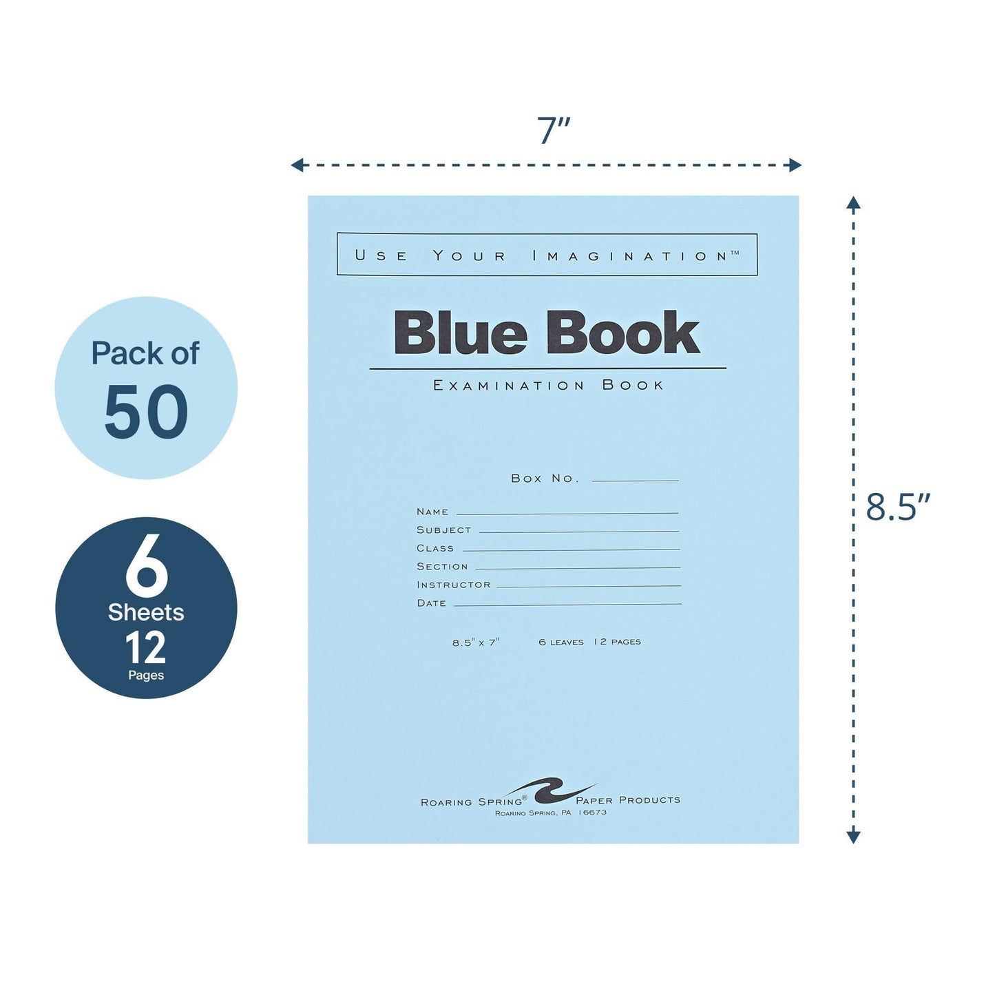 ROARING SPRING Exam Blue Books, 50 School Examination Booklets, 8.5" x 7", 6 Sheets/12 Pages, Wide-Ruled with Margin Student Testbook, Made in USA