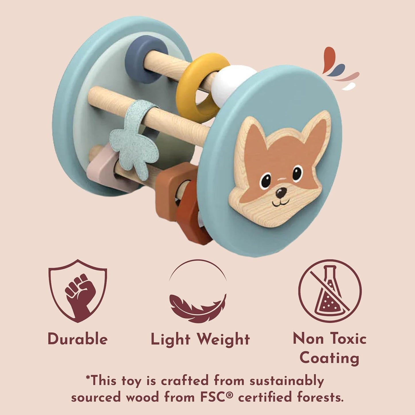 SPEEDY MONKEY Fox Roller Rattle Baby Toy | Wooden Animal Sensory Rolling Toy for Infants | Developmental Rattle for Crawling & Motor Skills | Early Learning Play for Babies & Newborns 6M+