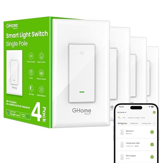 GHome Smart Switches for Lights, WiFi Smart Light Switch Works with Alexa and Google Home, Single-Pole, Neutral Wire Required, 2.4Ghz WiFi Light Switch with APP Control, No Hub Required, UL FCC Listed