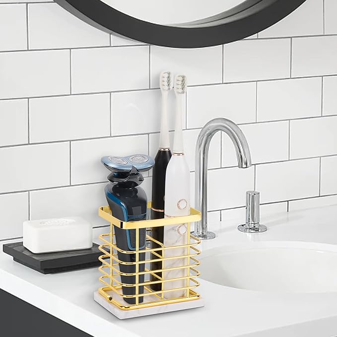 HarJue Toothbrush Holder, Luxurious Metal Toothbrush Toothpaste Holder with Marble Base for Bathroom, Multi-Slots Openwork Design, Bathroom Accessory for Storage and Organizer (Small, Gold)