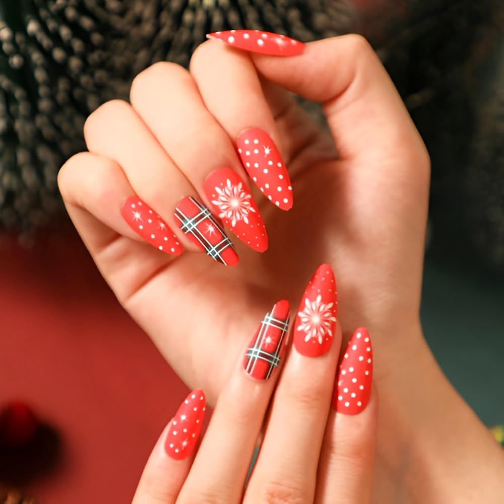 Almond Christmas Press on Nails Medium Red Fake Nails with White Snowflake Design Matte Christmas False Nails Acrylic Nails Full Cover Glue on Nails Stick on Nails for Women and Girls