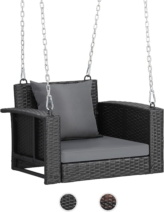 VINGLI 2.2 FT 1-Person Use Rattan Porch Swing Outdoor Support 440 LBS with Cushions & Adjustable Chains, Patio Wicker Swing Bench Chair for Garden, Yard, Lawn, Tree, Black